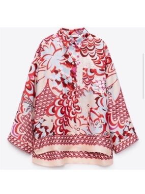 ZARA Pink Blue Paisley Scarf Print Satin Button Down Shirt